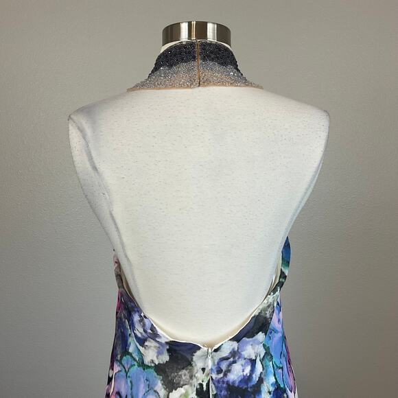 Badgley Mischka Backless Floral Print Beaded Halter Evening Gown White Size 10 - Picture 8 of 15